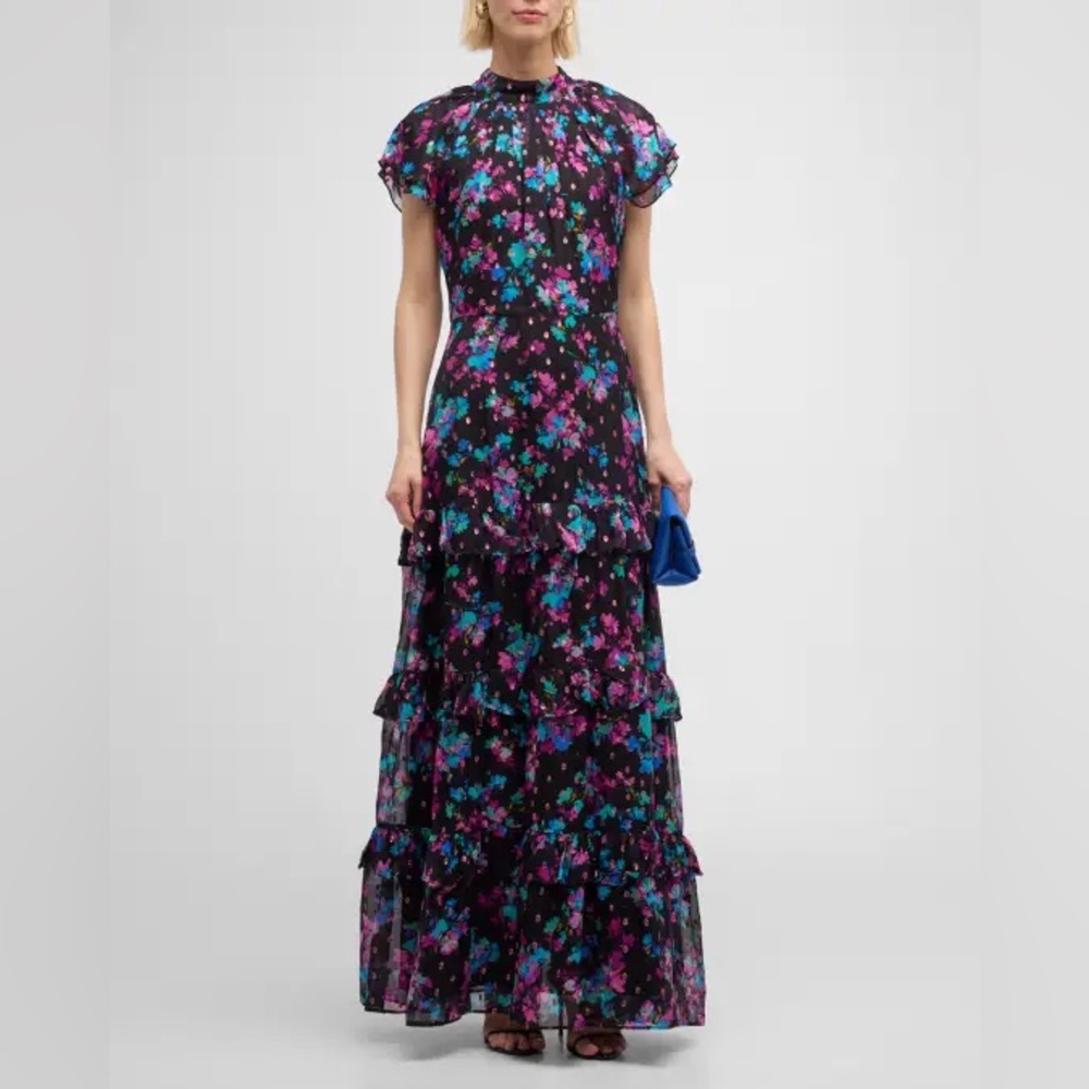 Shoshanna Loretta Tiered Black and Purple Floral Ruffle Maxi Dress